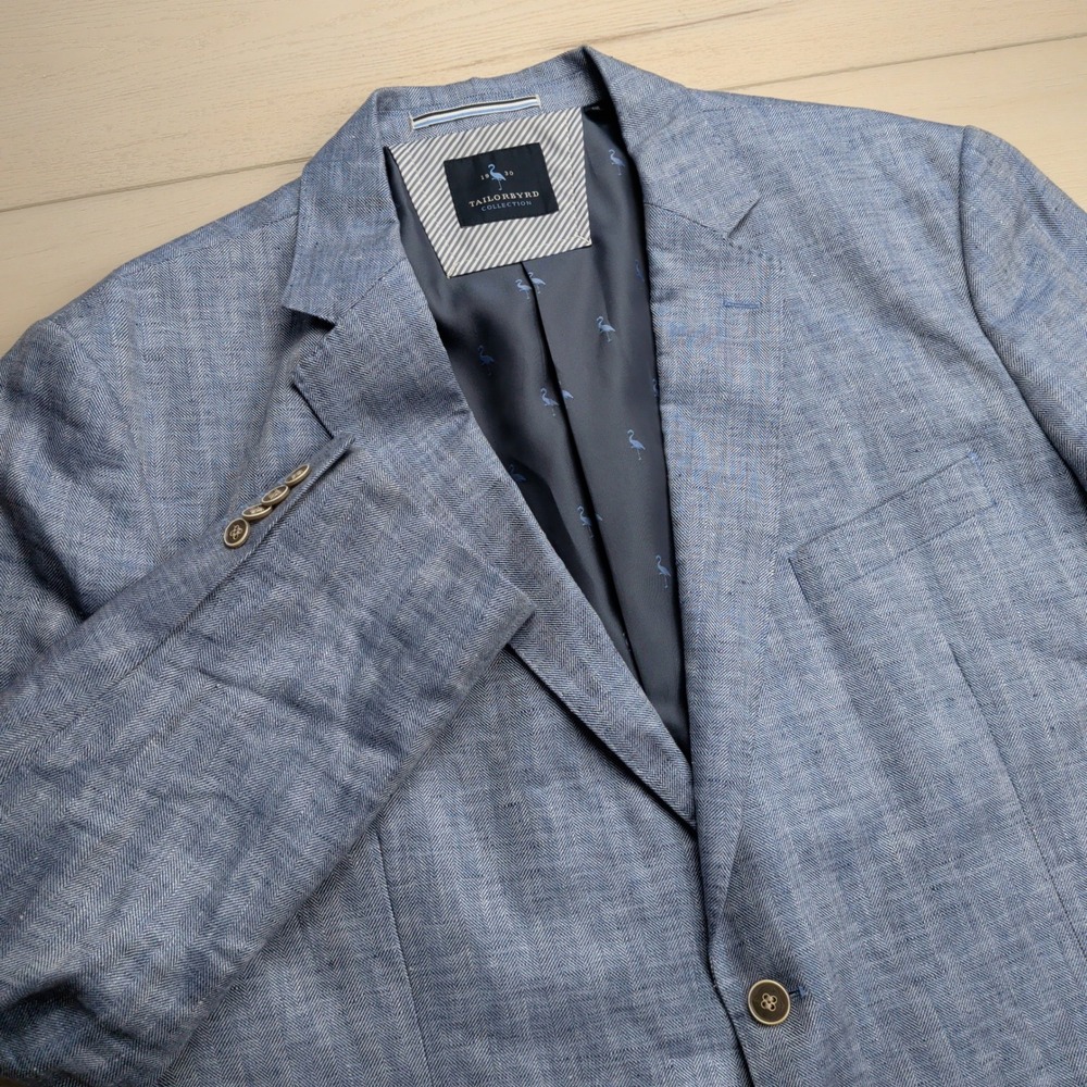 Tailorbyrd Collection 100%‎ Linen Blazer Sport Coat Mens 50R Blue Herringbone
